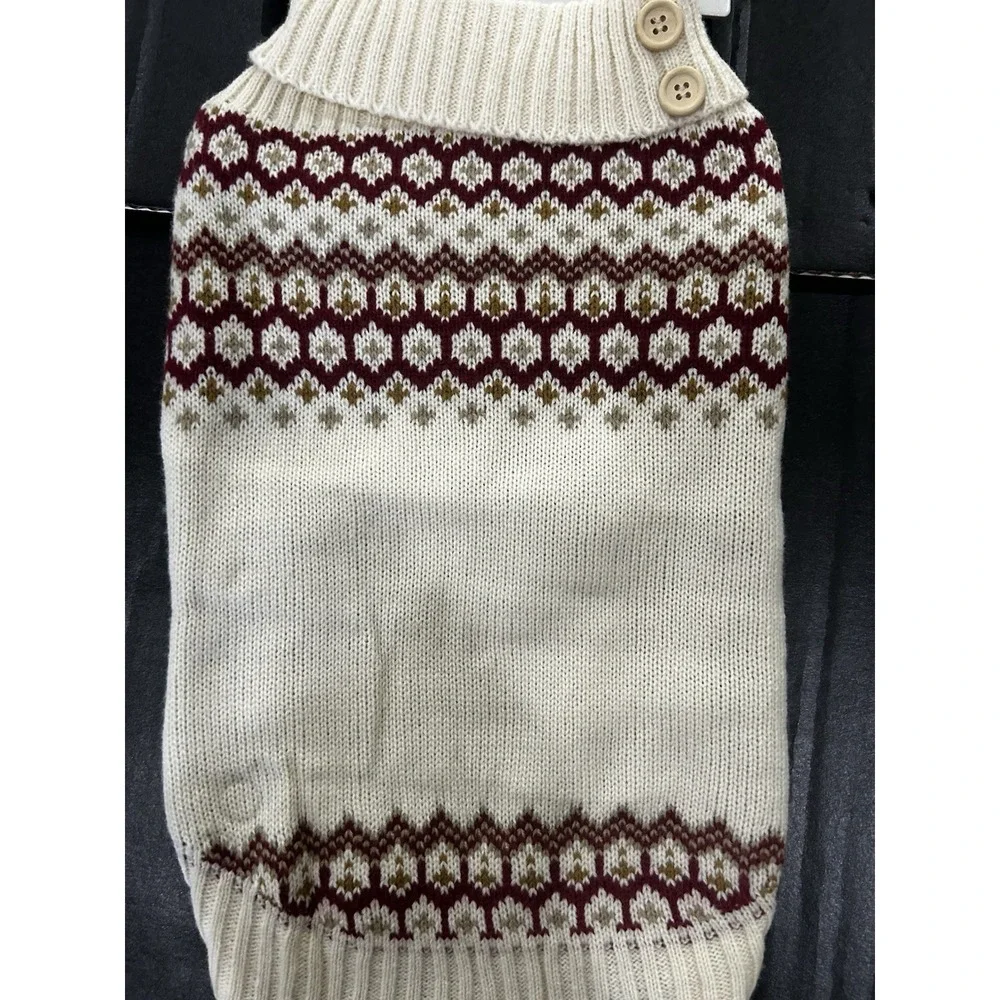 Friends Forever Dog Sweater Cream Burgundy Fair Isle W/ Buttons Size M Holiday